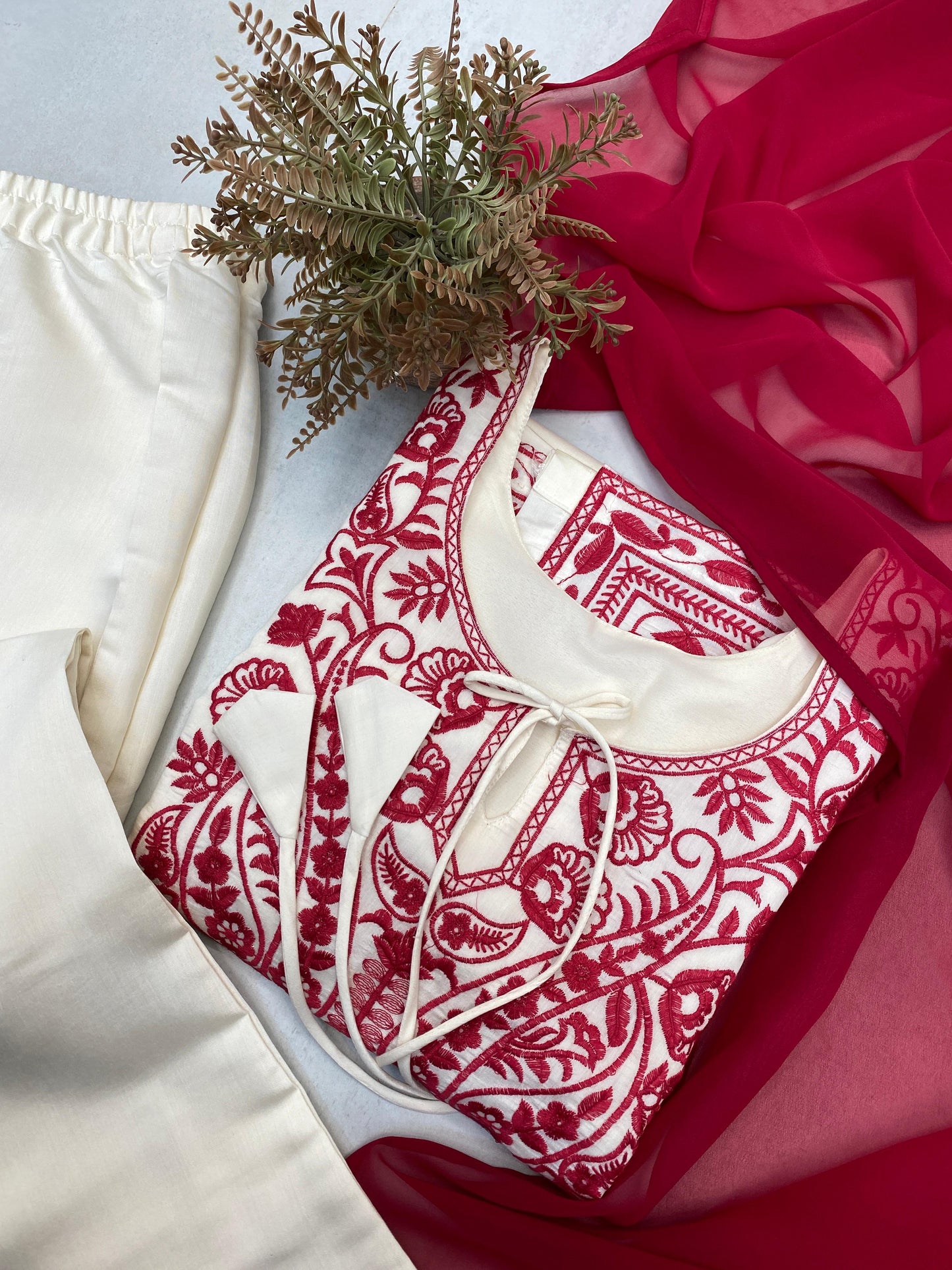Exclusive Pure Roman Silk Heavy Embroidery Handwork Kurti Pant With Dupatta Set