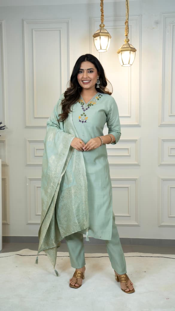 Premium Roman Silk Embroidery Thread Work Pista Kurta Pant With Dupatta Set