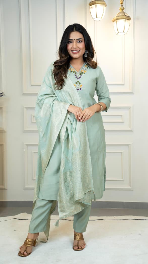 Premium Roman Silk Embroidery Thread Work Pista Kurta Pant With Dupatta Set