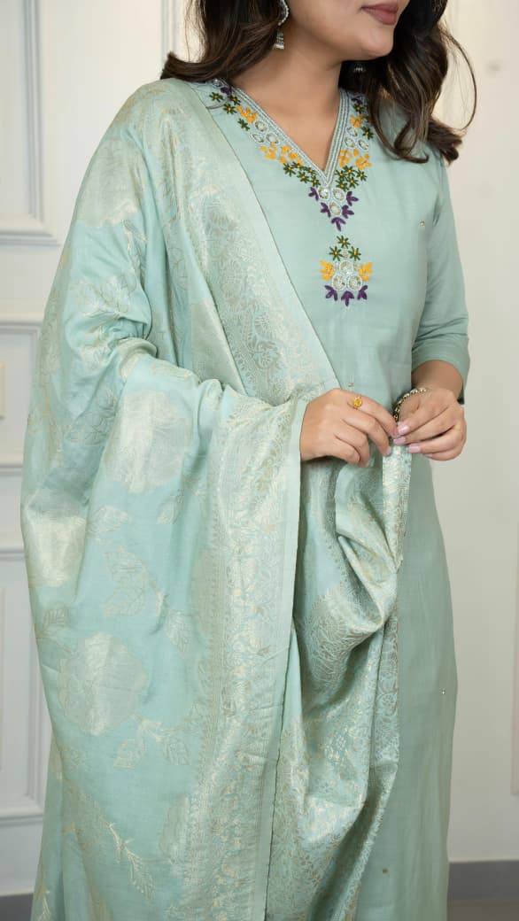 Premium Roman Silk Embroidery Thread Work Pista Kurta Pant With Dupatta Set