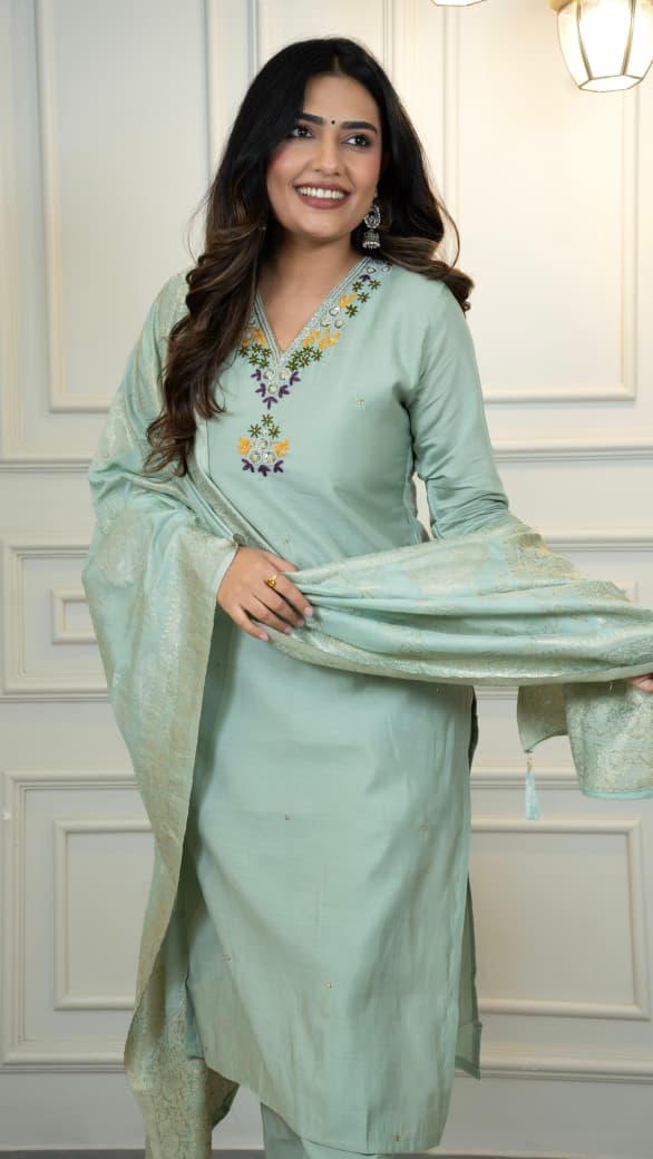 Premium Roman Silk Embroidery Thread Work Pista Kurta Pant With Dupatta Set
