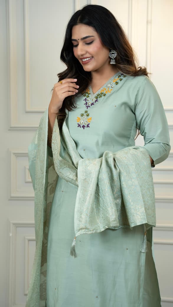 Premium Roman Silk Embroidery Thread Work Pista Kurta Pant With Dupatta Set