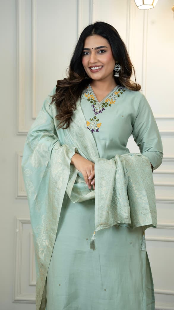 Premium Roman Silk Embroidery Thread Work Pista Kurta Pant With Dupatta Set
