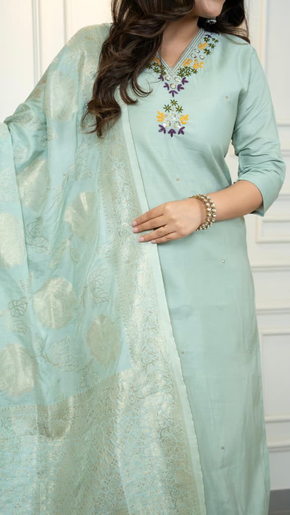 Premium Roman Silk Embroidery Thread Work Pista Kurta Pant With Dupatta Set