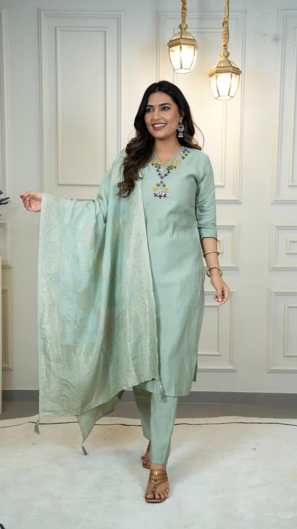 Premium Roman Silk Embroidery Thread Work Pista Kurta Pant With Dupatta Set