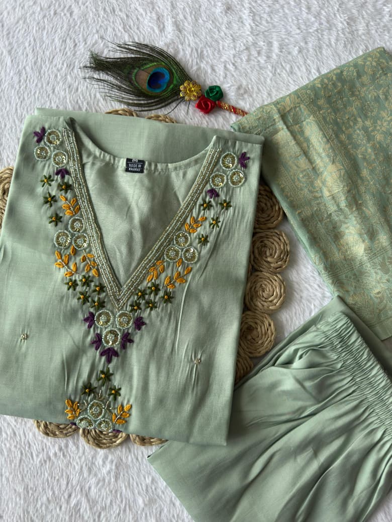 Premium Roman Silk Embroidery Thread Work Pista Kurta Pant With Dupatta Set