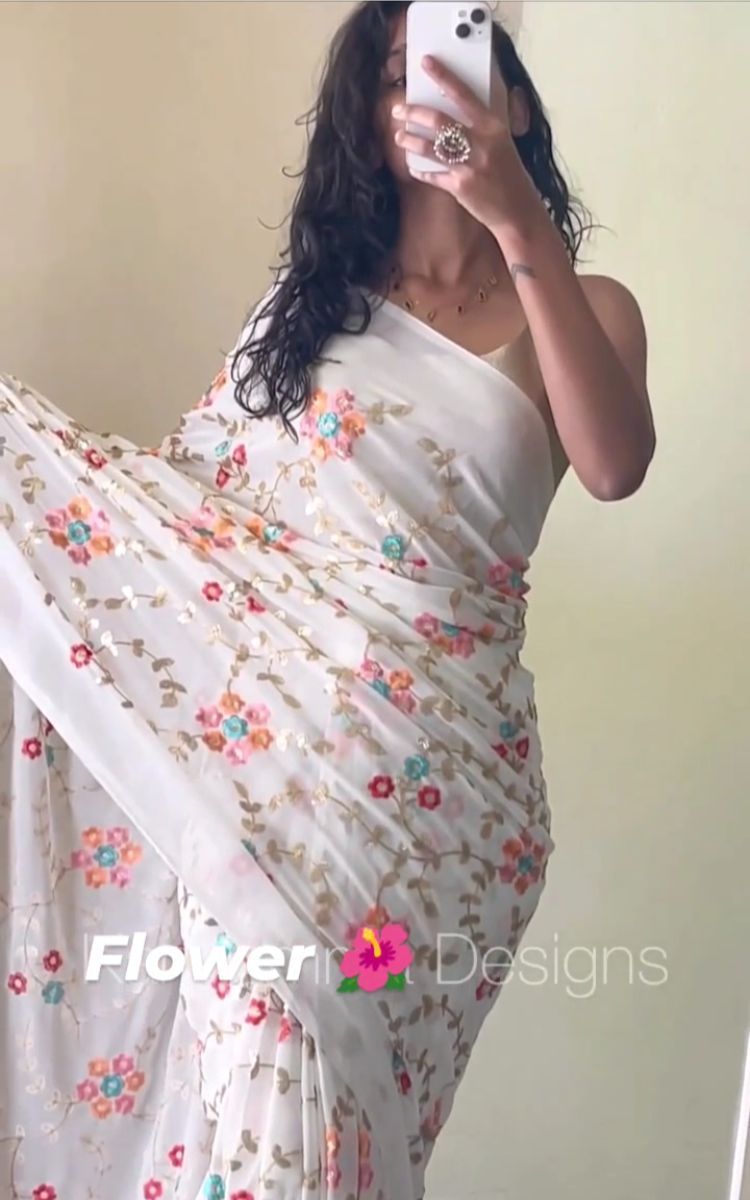 Stunning Premium Faux Georgette Saree With Sequins & Thread Embroidery Work