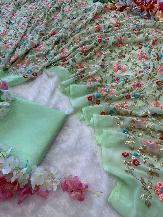 Stunning Premium Faux Georgette Saree With Sequins & Thread Embroidery Work