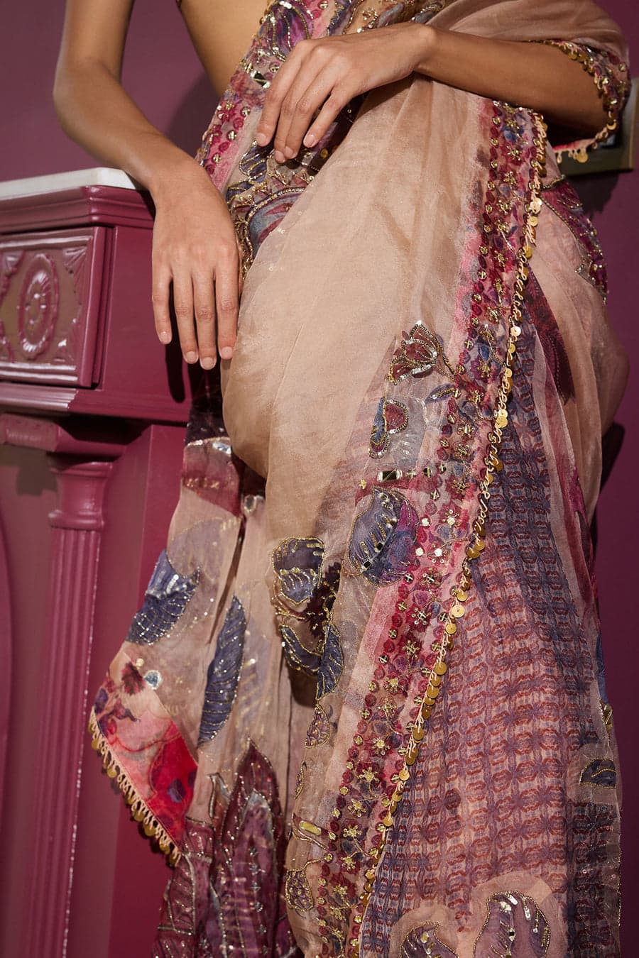 Premium Stylish Pure Georgette Saree Print With Sequins, Hand Mirror & Lace Handwork