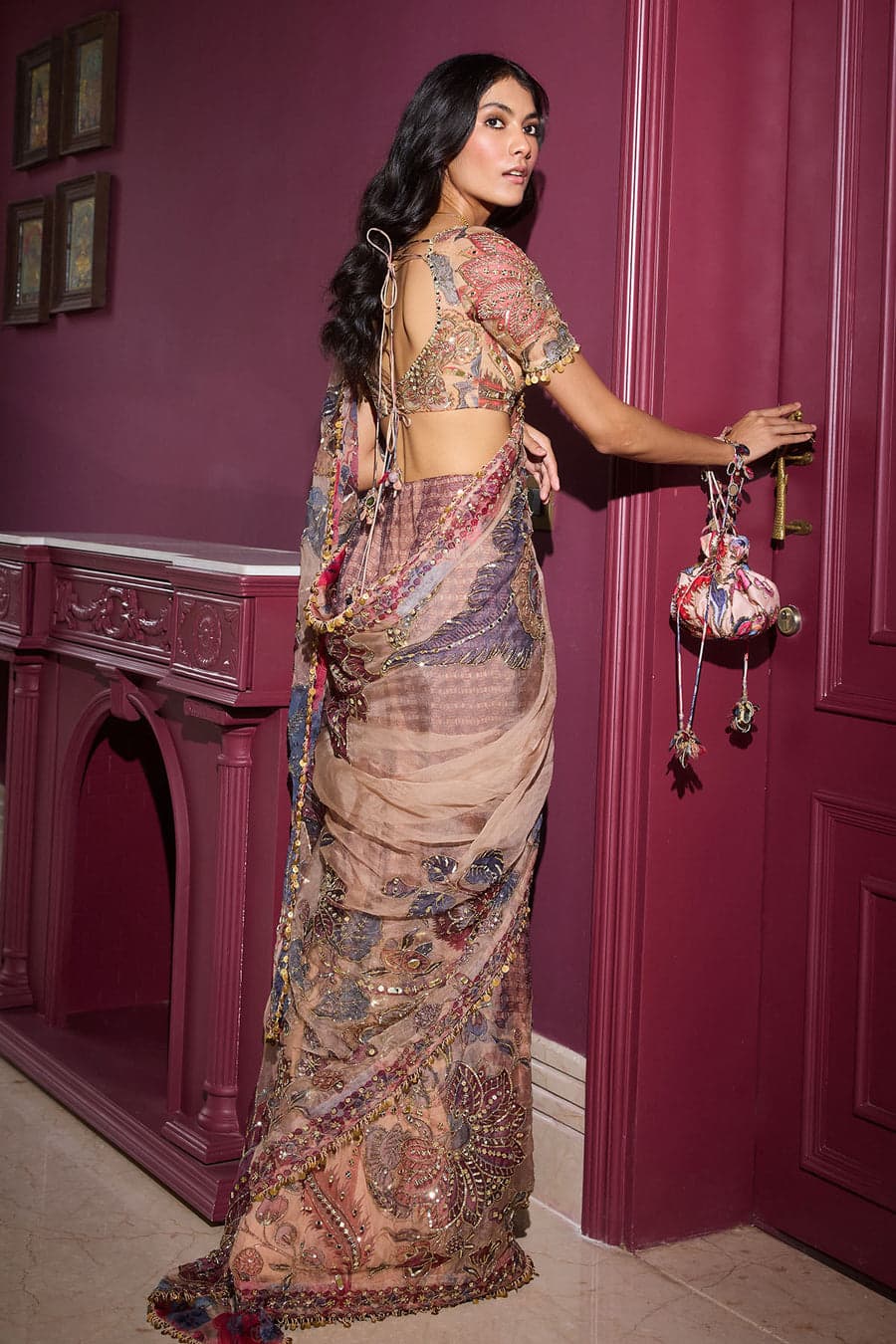 Premium Stylish Pure Georgette Saree Print With Sequins, Hand Mirror & Lace Handwork