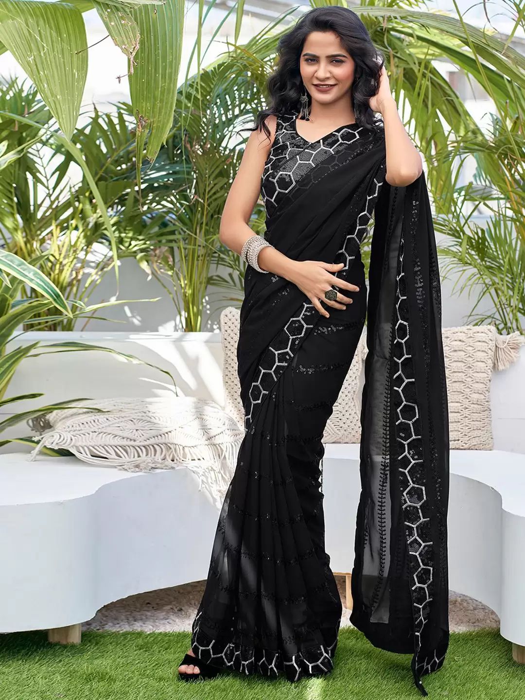 Pure Heavy Georgette Saree With Embroidery Sequins Work & Fancy Lace Border
