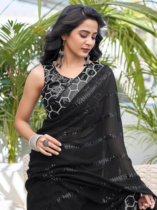 Pure Heavy Georgette Saree With Embroidery Sequins Work & Fancy Lace Border