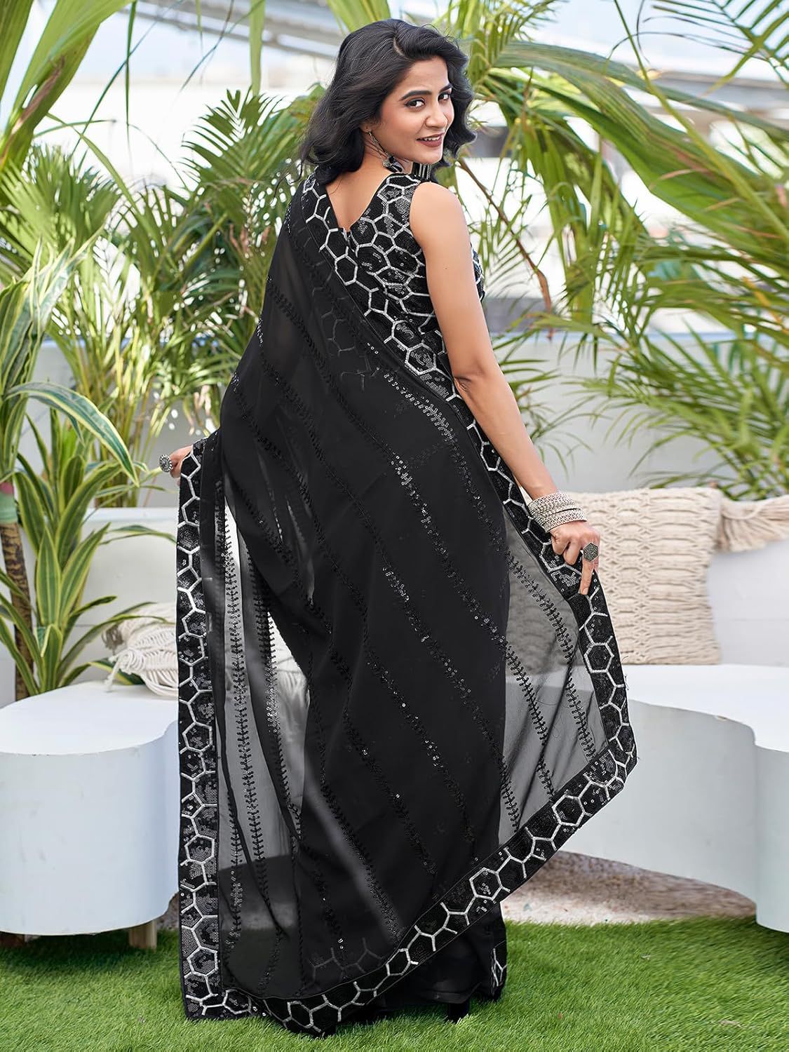Pure Heavy Georgette Saree With Embroidery Sequins Work & Fancy Lace Border