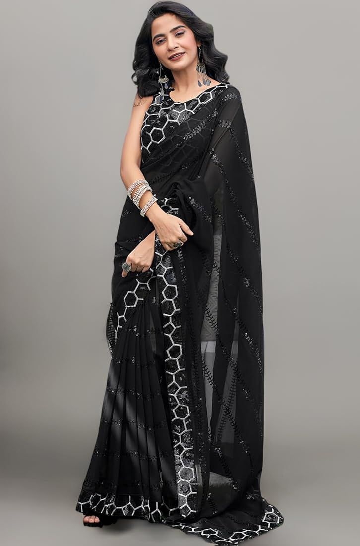 Pure Heavy Georgette Saree With Embroidery Sequins Work & Fancy Lace Border