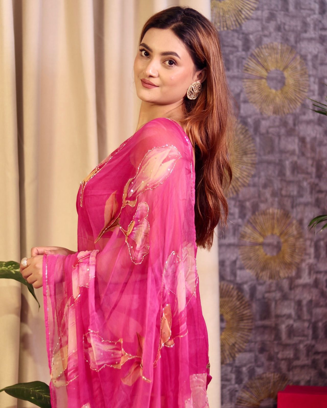 Stylish Pure Soft Georgette Silk Saree With Beautiful Flower Print Hand CutDana Moti Work