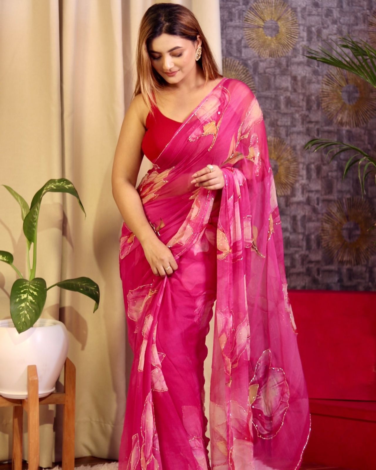 Stylish Pure Soft Georgette Silk Saree With Beautiful Flower Print Hand CutDana Moti Work