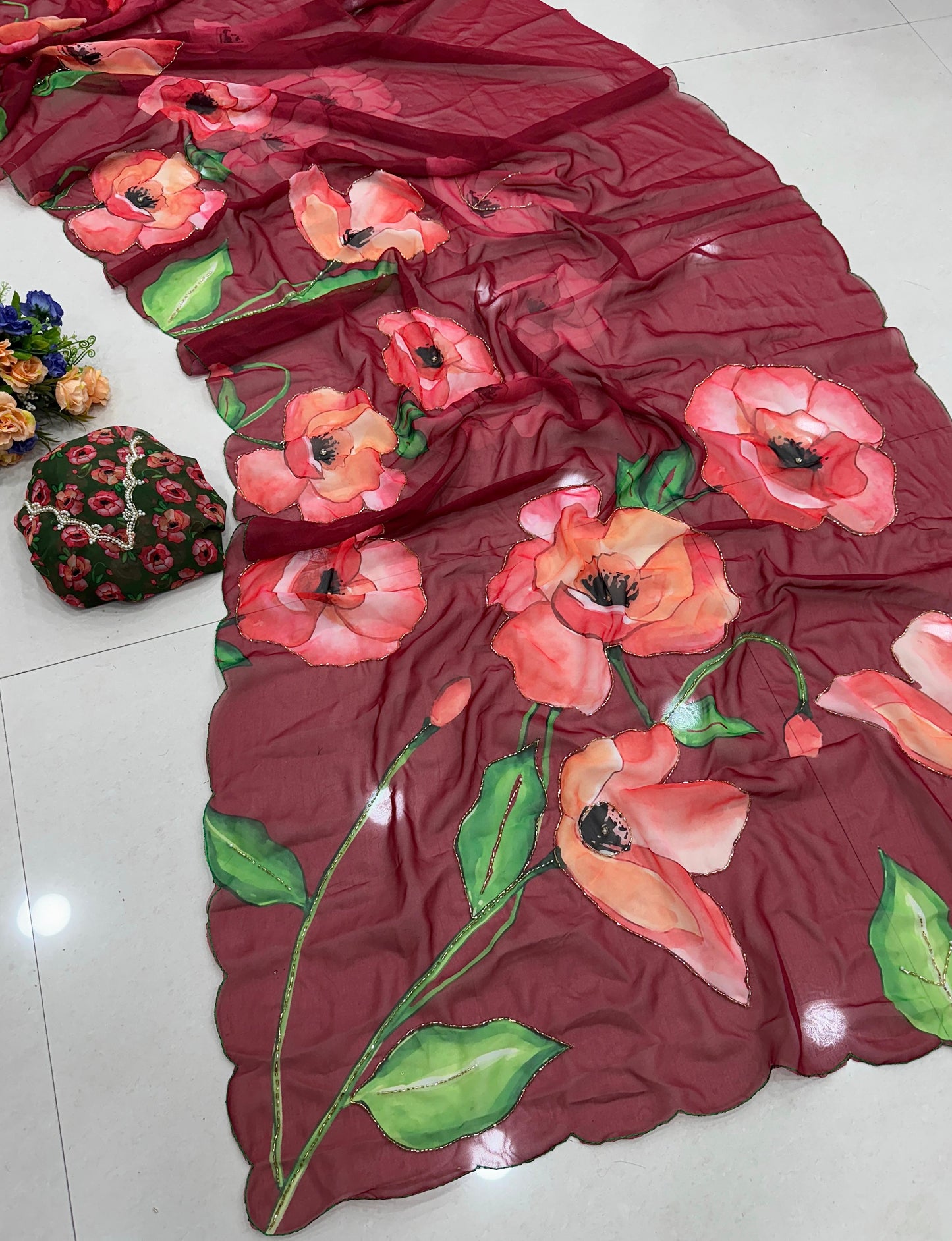 Premium Soft & Smooth Chiffon Floral Print Saree With Embroidery & Pipe Work Border