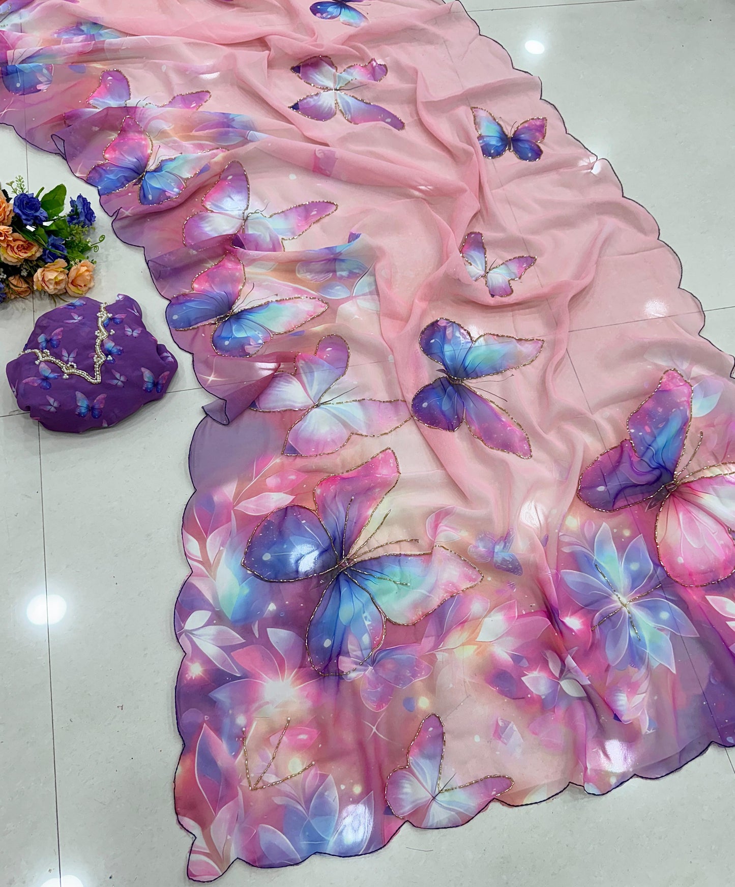 Premium Soft & Smooth Chiffon Floral Print Saree With Embroidery & Pipe Work Border