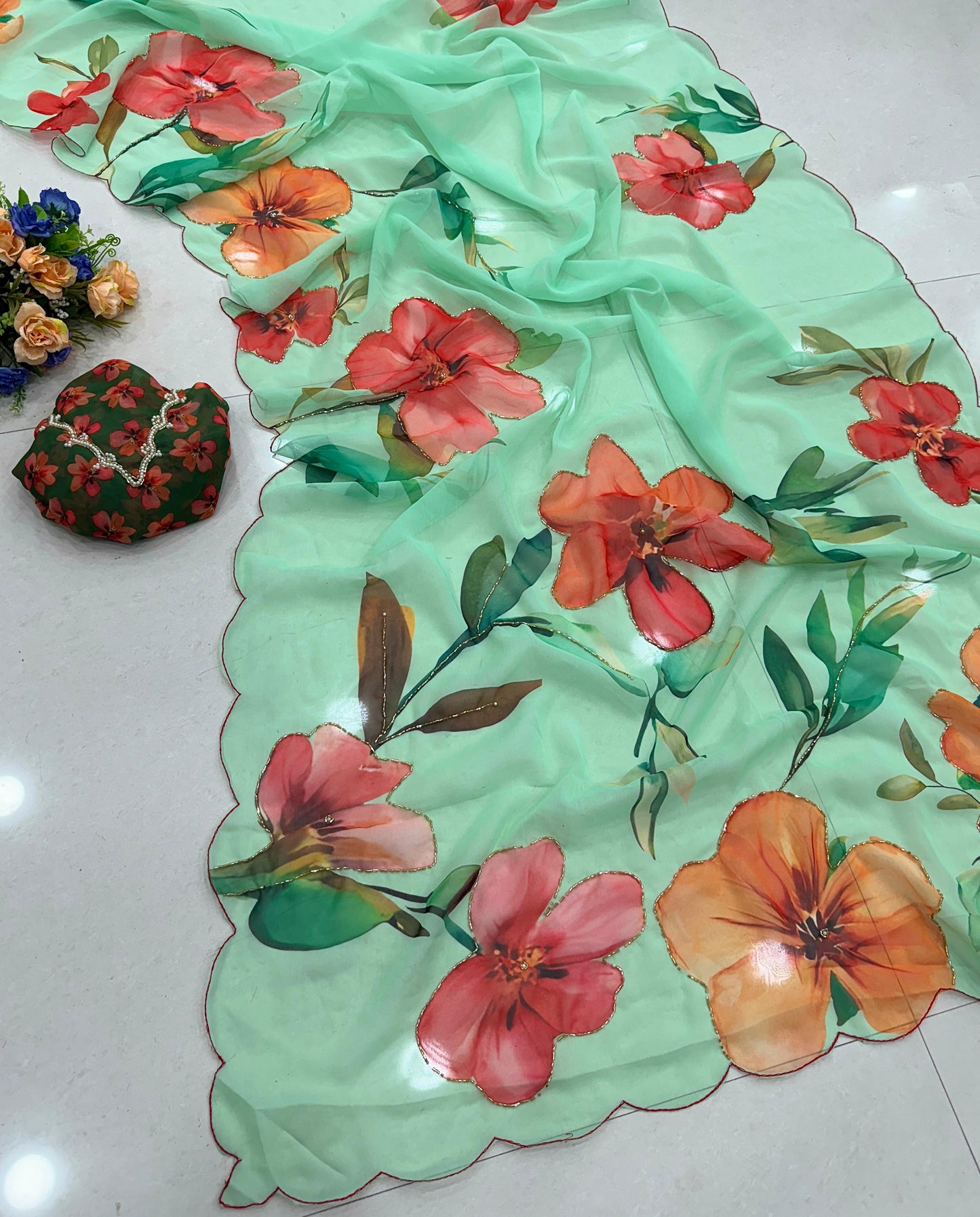 Premium Soft & Smooth Chiffon Floral Print Saree With Embroidery & Pipe Work Border