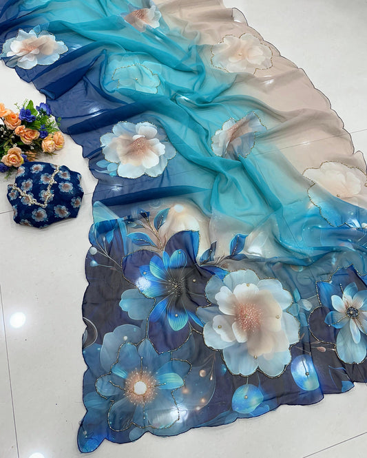 Premium Soft & Smooth Chiffon Floral Print Saree With Embroidery & Pipe Work Border