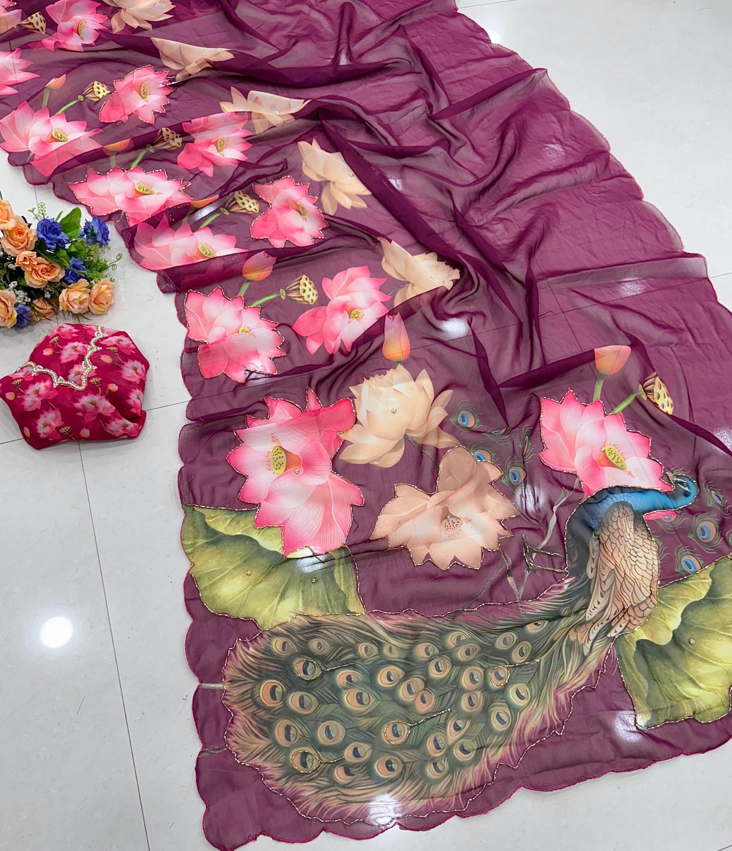 Premium Soft & Smooth Chiffon Floral Print Saree With Embroidery & Pipe Work Border