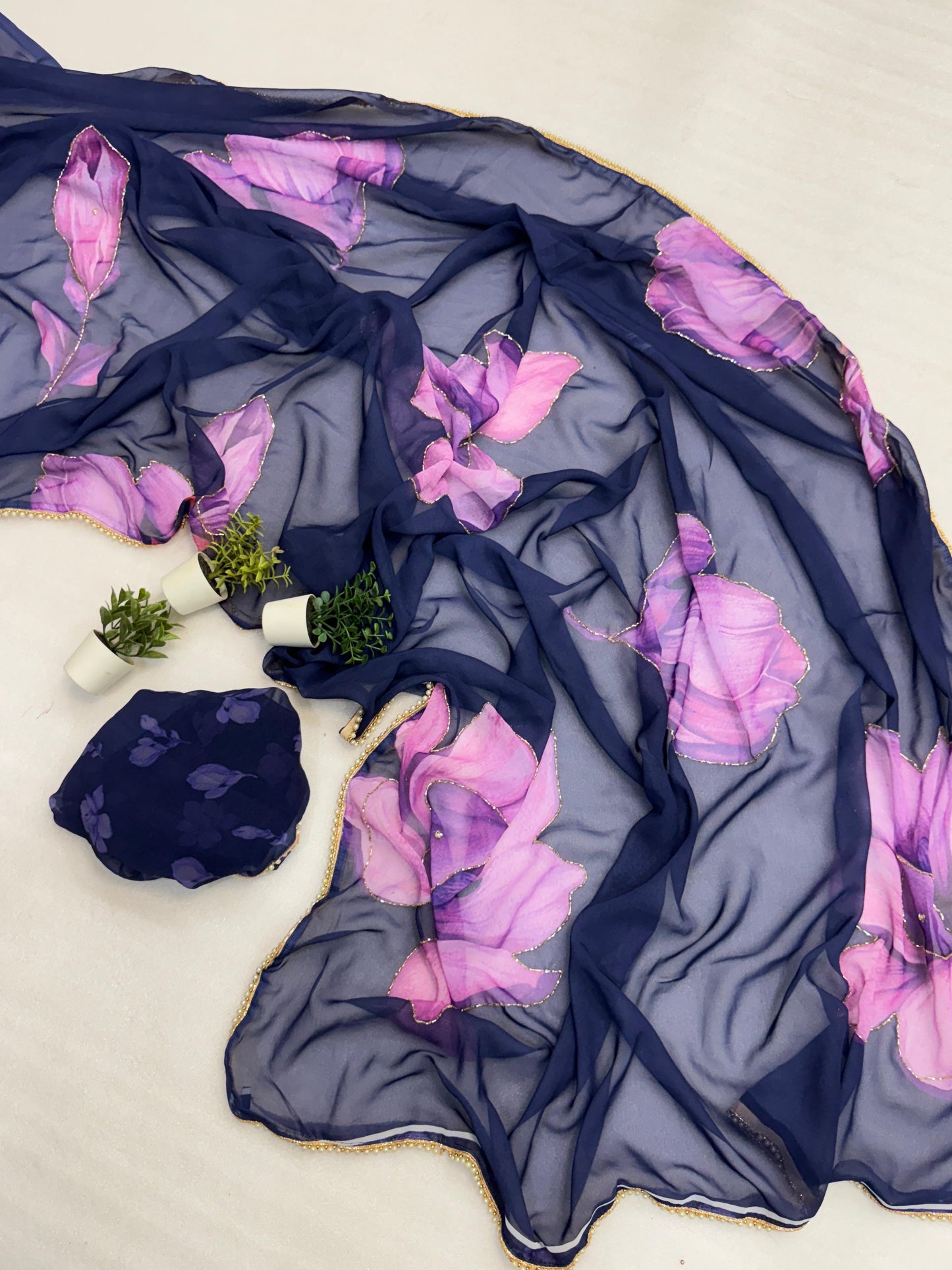 Premium Soft & Smooth Chiffon Floral Print Saree With Handwork & Moti Lace Border