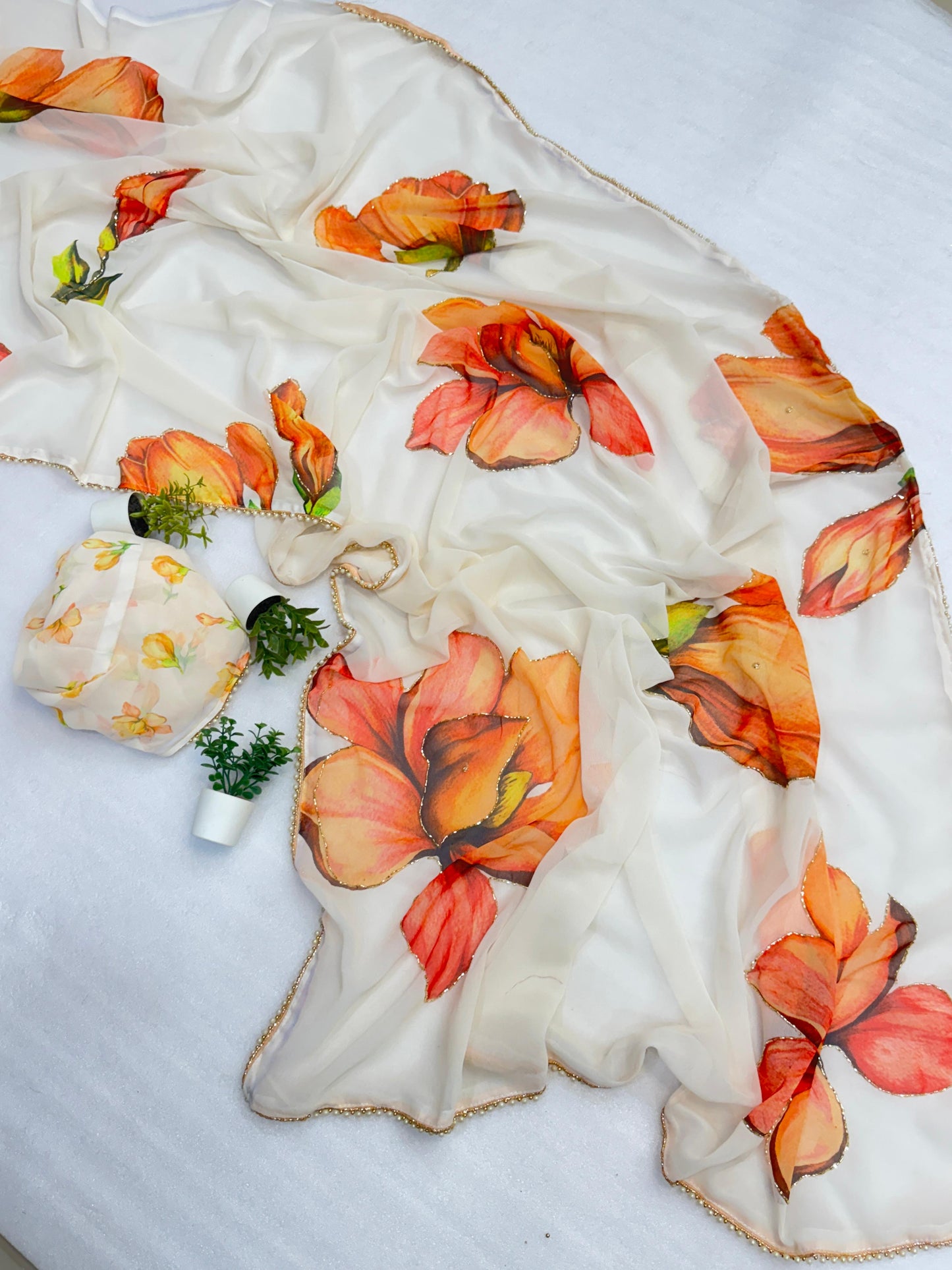 Premium Soft & Smooth Chiffon Floral Print Saree With Handwork & Moti Lace Border