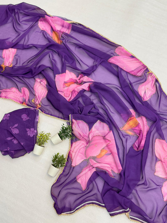 Premium Soft & Smooth Chiffon Floral Print Saree With Handwork & Moti Lace Border