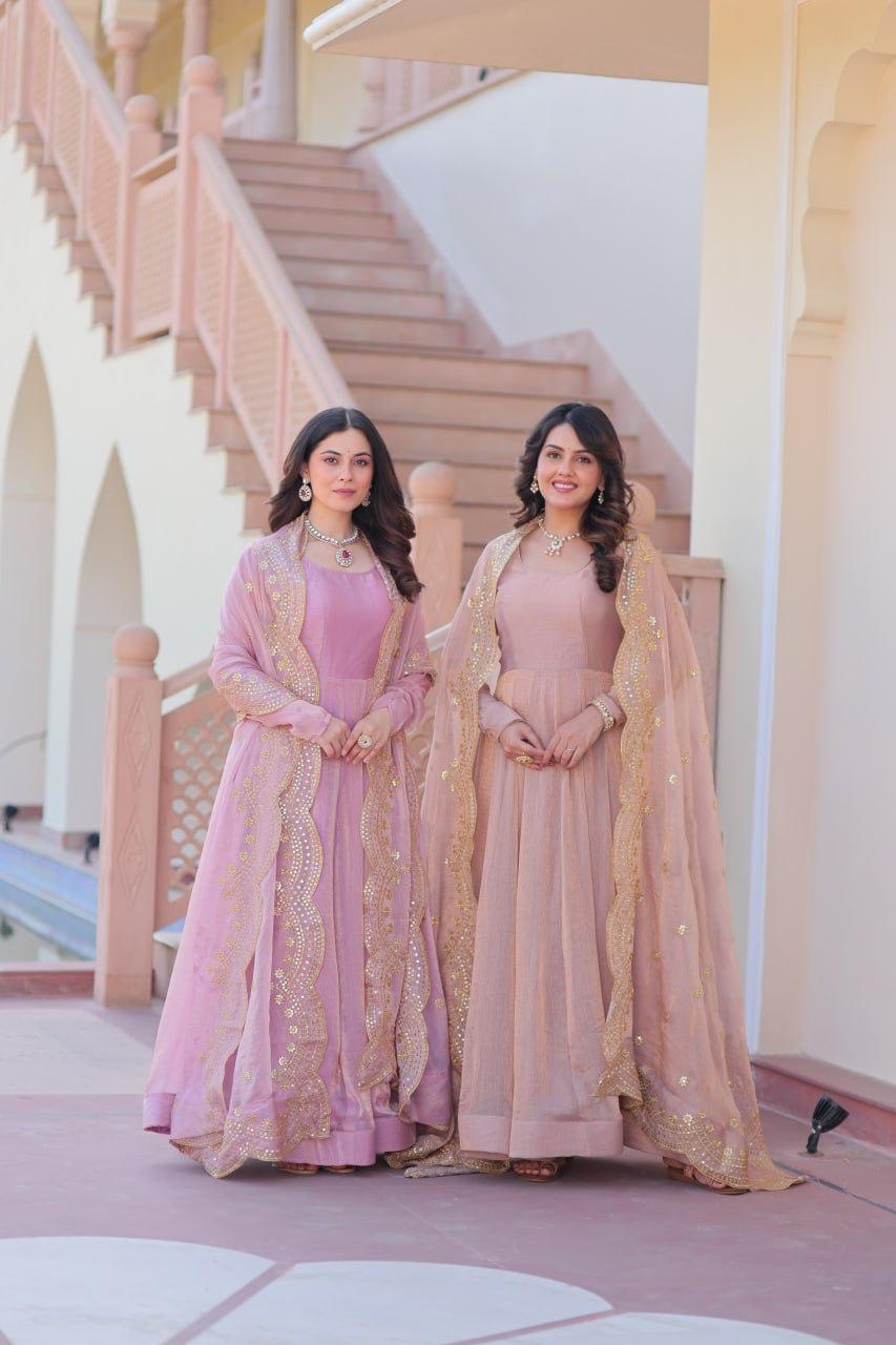 Designer Wedding & Festive Wear Fendy Chiffon Gown with Sequins-Multi Thread Embroidered Work & Dupatta