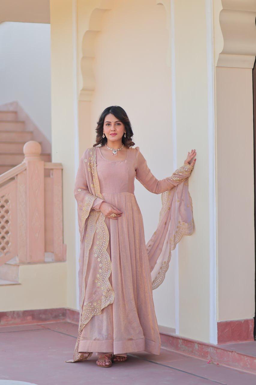 Designer Wedding & Festive Wear Fendy Chiffon Gown with Sequins-Multi Thread Embroidered Work & Dupatta