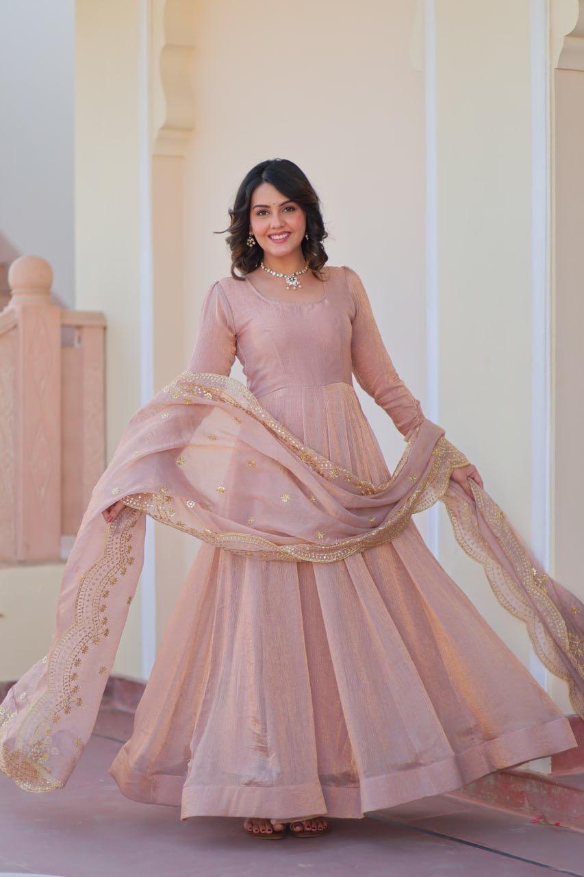 Designer Wedding & Festive Wear Fendy Chiffon Gown with Sequins-Multi Thread Embroidered Work & Dupatta