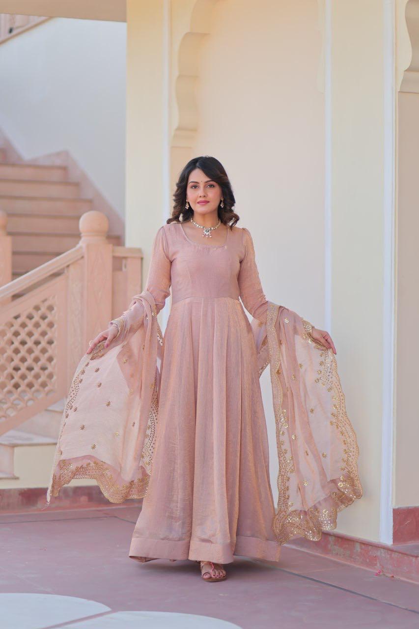 Designer Wedding & Festive Wear Fendy Chiffon Gown with Sequins-Multi Thread Embroidered Work & Dupatta