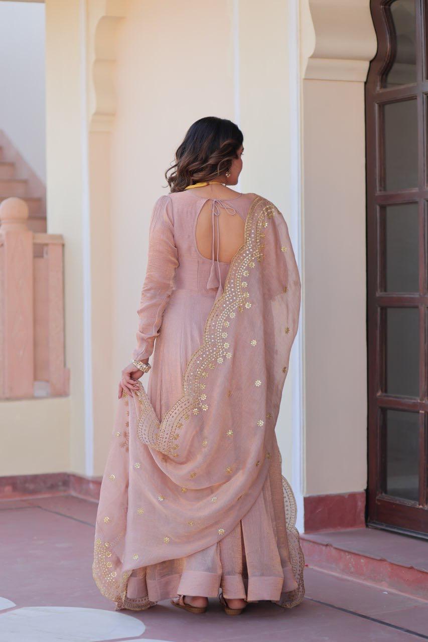 Designer Wedding & Festive Wear Fendy Chiffon Gown with Sequins-Multi Thread Embroidered Work & Dupatta