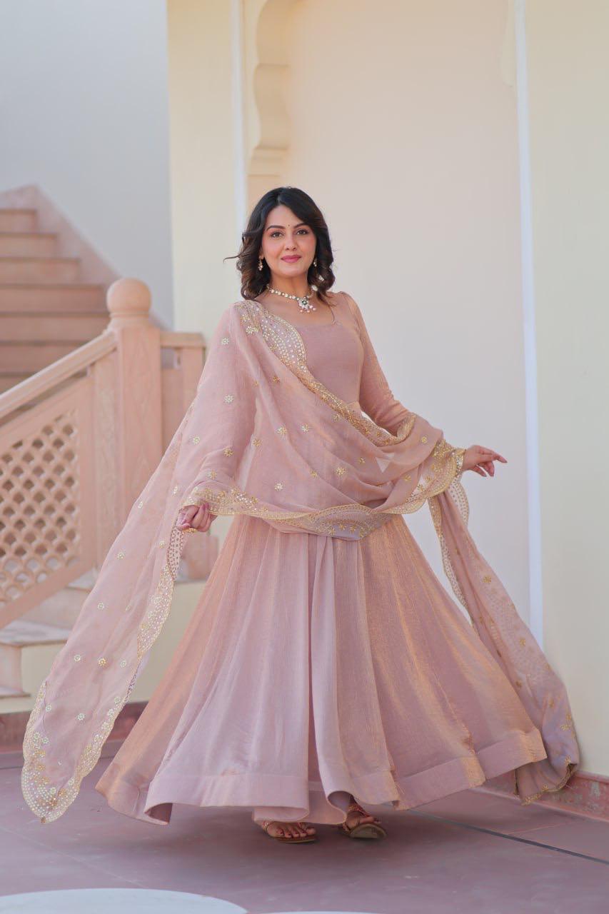 Designer Wedding & Festive Wear Fendy Chiffon Gown with Sequins-Multi Thread Embroidered Work & Dupatta
