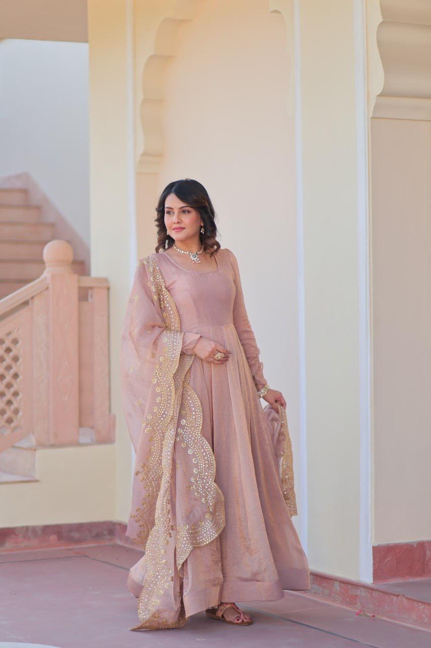 Designer Wedding & Festive Wear Fendy Chiffon Gown with Sequins-Multi Thread Embroidered Work & Dupatta