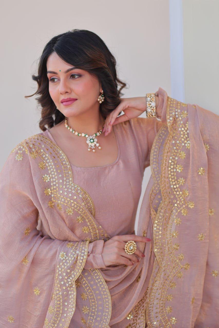 Designer Wedding & Festive Wear Fendy Chiffon Gown with Sequins-Multi Thread Embroidered Work & Dupatta
