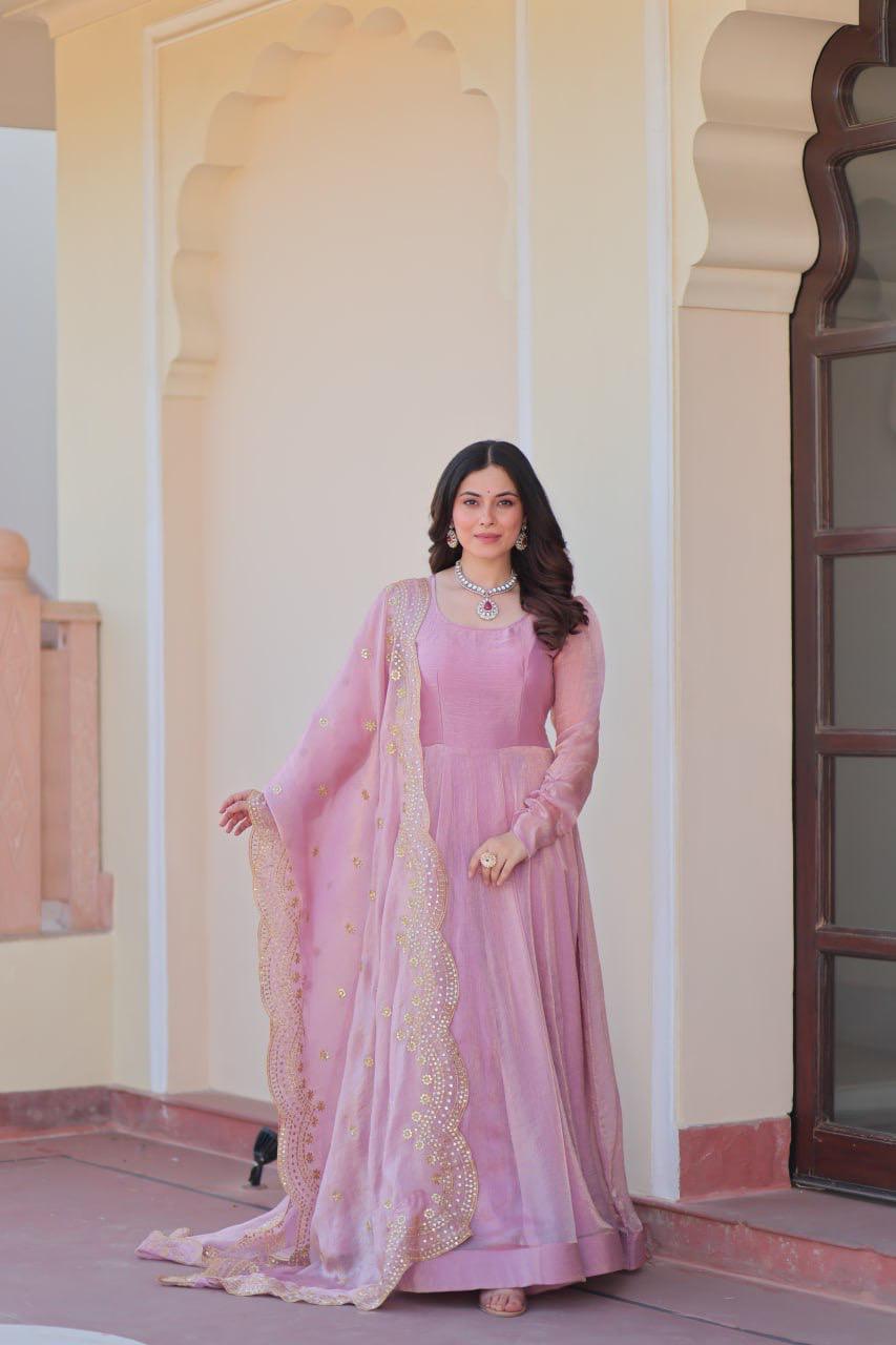 Designer Wedding & Festive Wear Fendy Chiffon Gown with Sequins-Multi Thread Embroidered Work & Dupatta