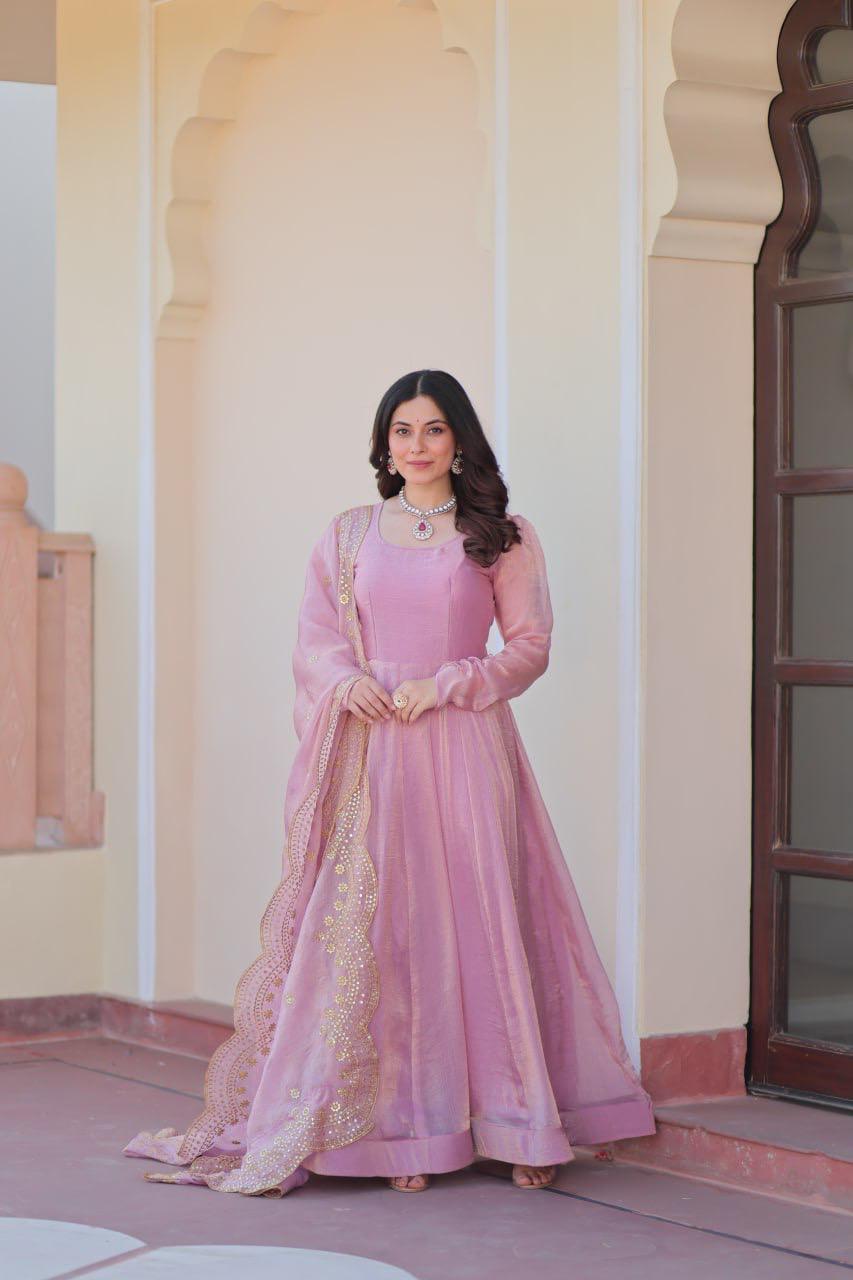 Designer Wedding & Festive Wear Fendy Chiffon Gown with Sequins-Multi Thread Embroidered Work & Dupatta
