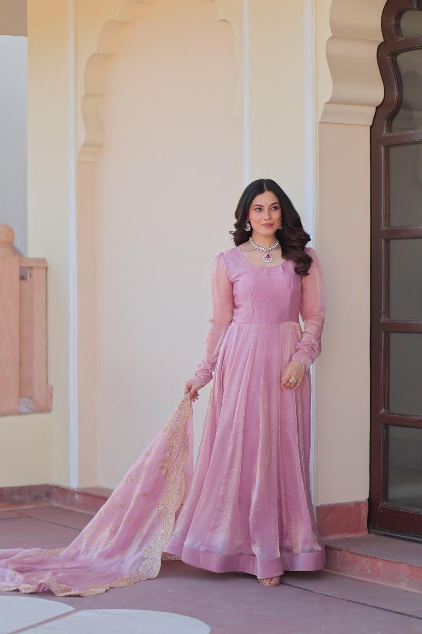 Designer Wedding & Festive Wear Fendy Chiffon Gown with Sequins-Multi Thread Embroidered Work & Dupatta