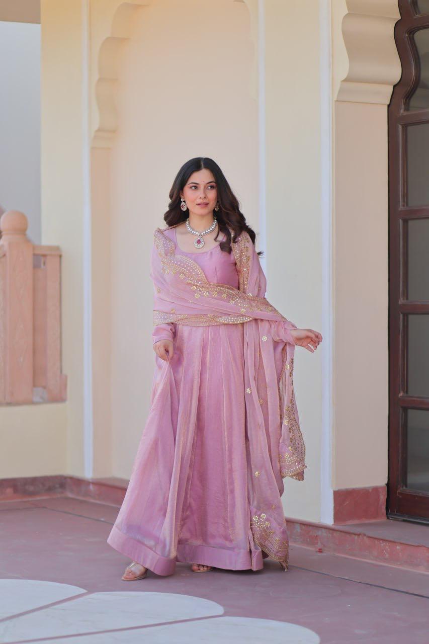 Designer Wedding & Festive Wear Fendy Chiffon Gown with Sequins-Multi Thread Embroidered Work & Dupatta