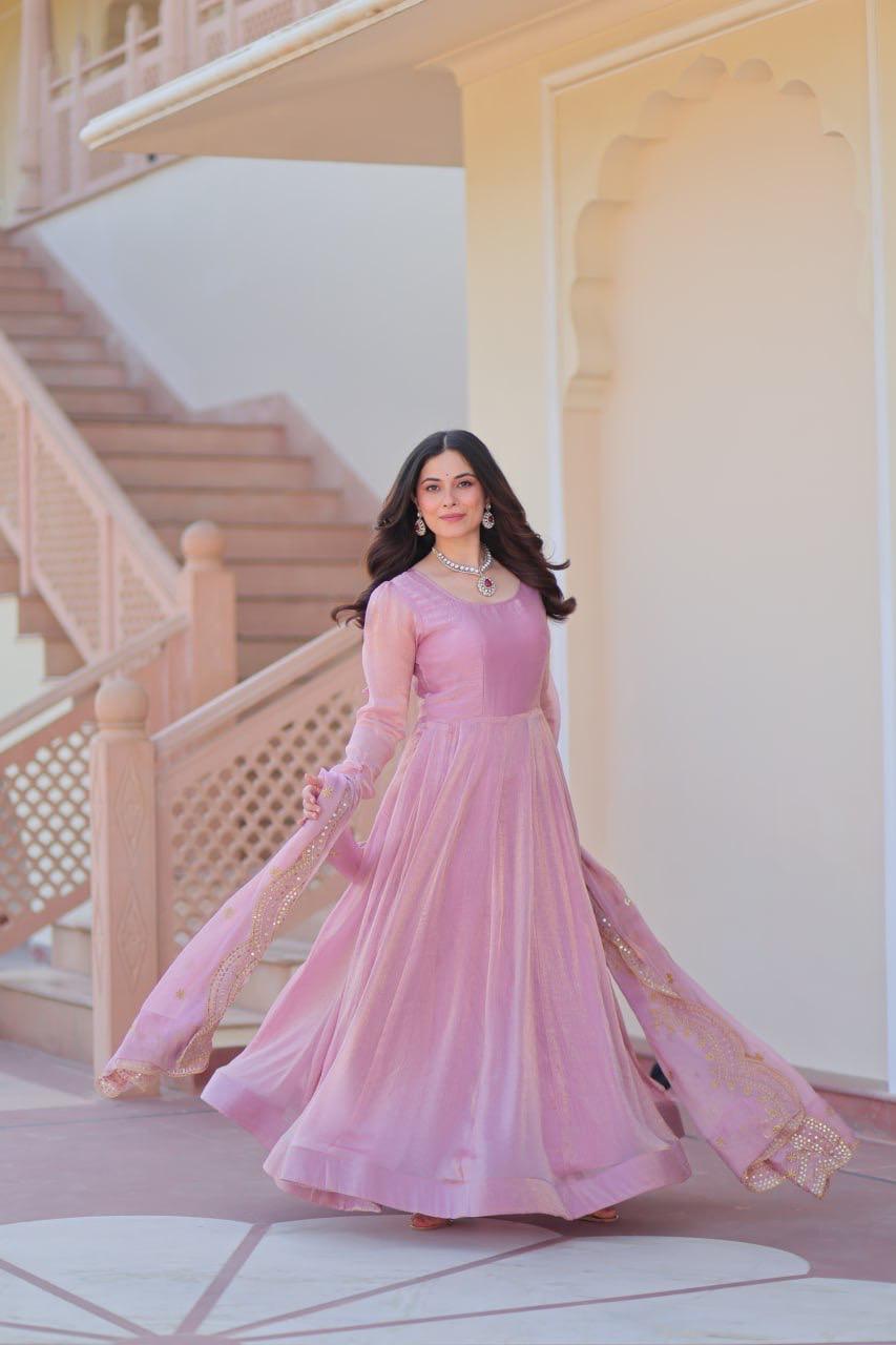 Designer Wedding & Festive Wear Fendy Chiffon Gown with Sequins-Multi Thread Embroidered Work & Dupatta