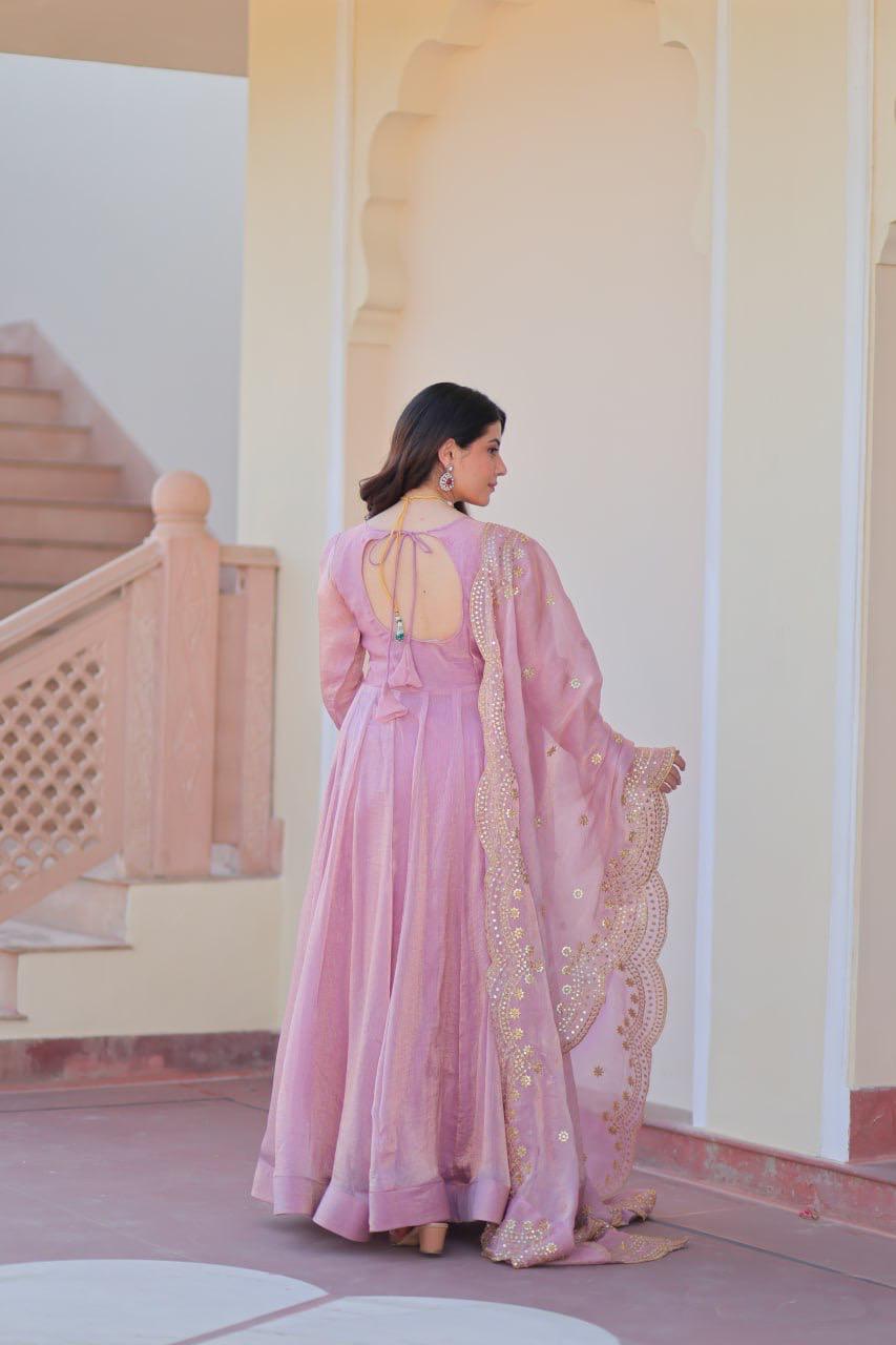 Designer Wedding & Festive Wear Fendy Chiffon Gown with Sequins-Multi Thread Embroidered Work & Dupatta