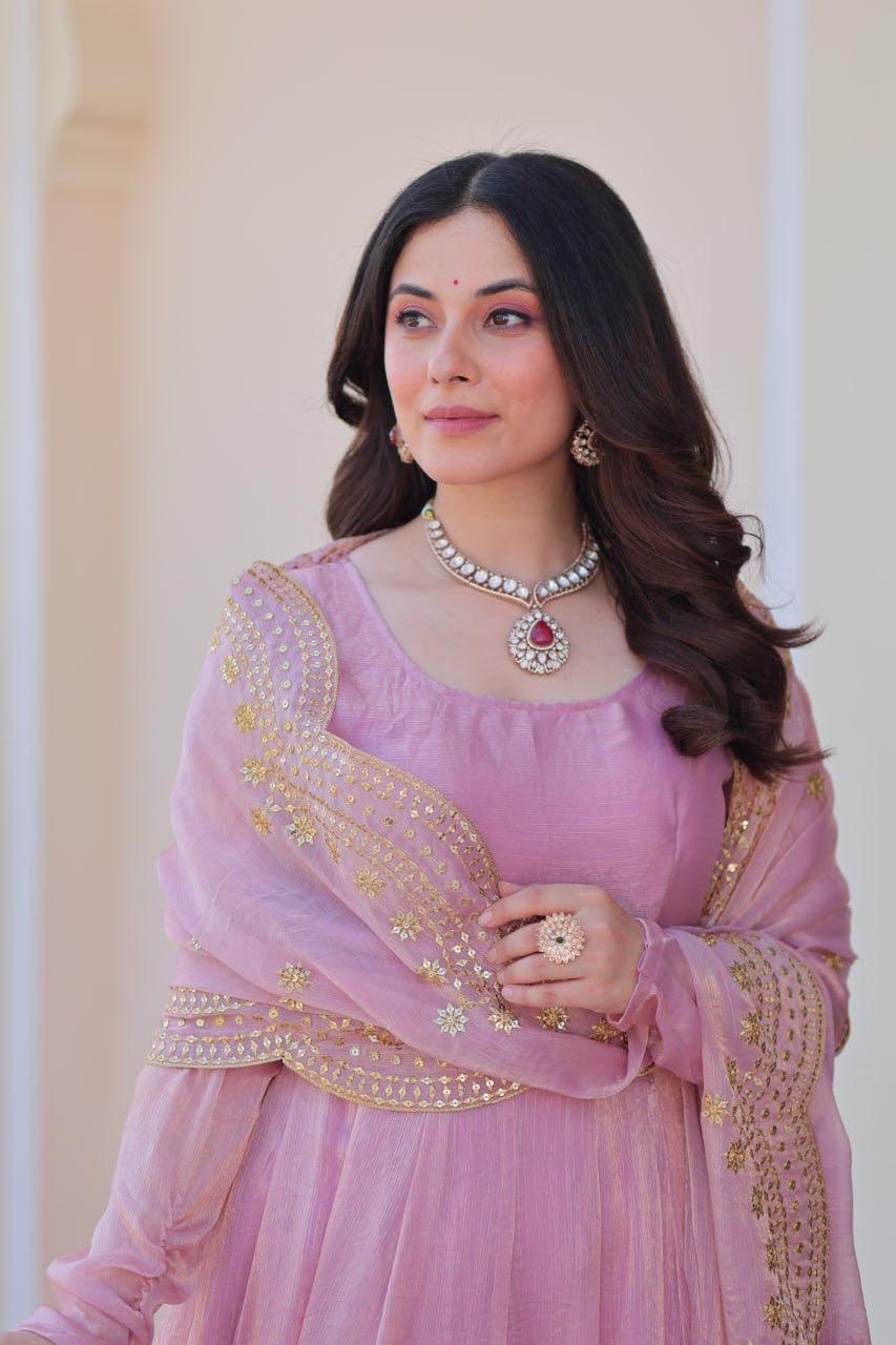 Designer Wedding & Festive Wear Fendy Chiffon Gown with Sequins-Multi Thread Embroidered Work & Dupatta