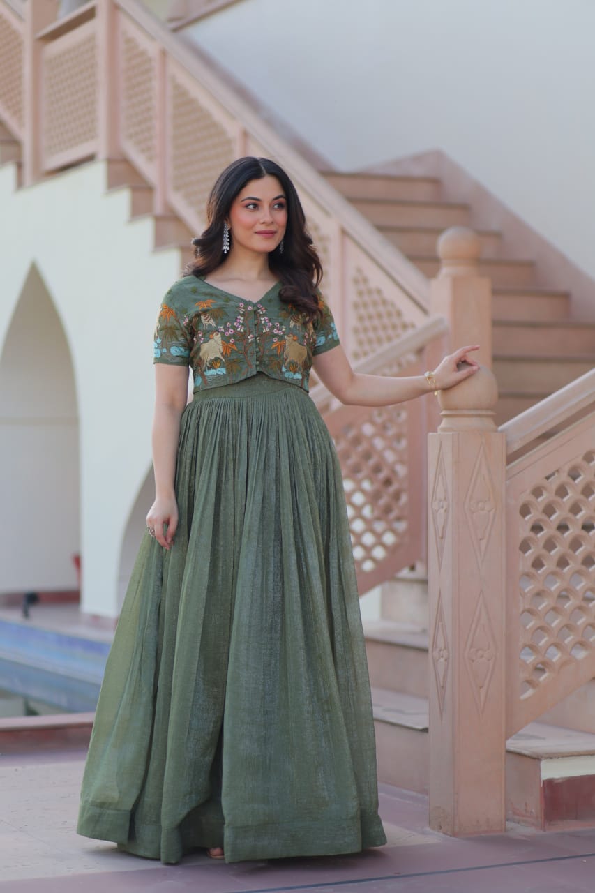 Designer Wedding & Festive Wear Silver Crunchy Embroidery Work Gown With Koti