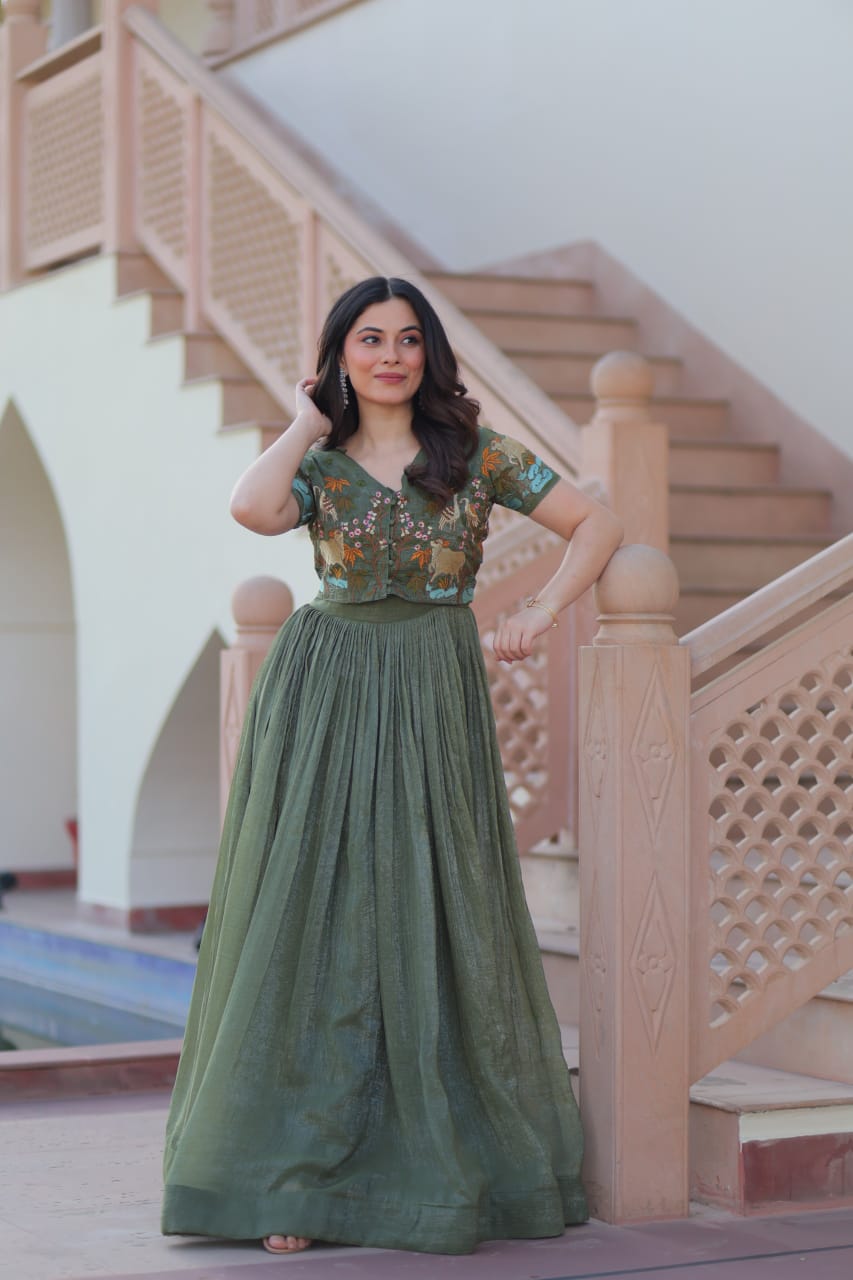 Designer Wedding & Festive Wear Silver Crunchy Embroidery Work Gown With Koti