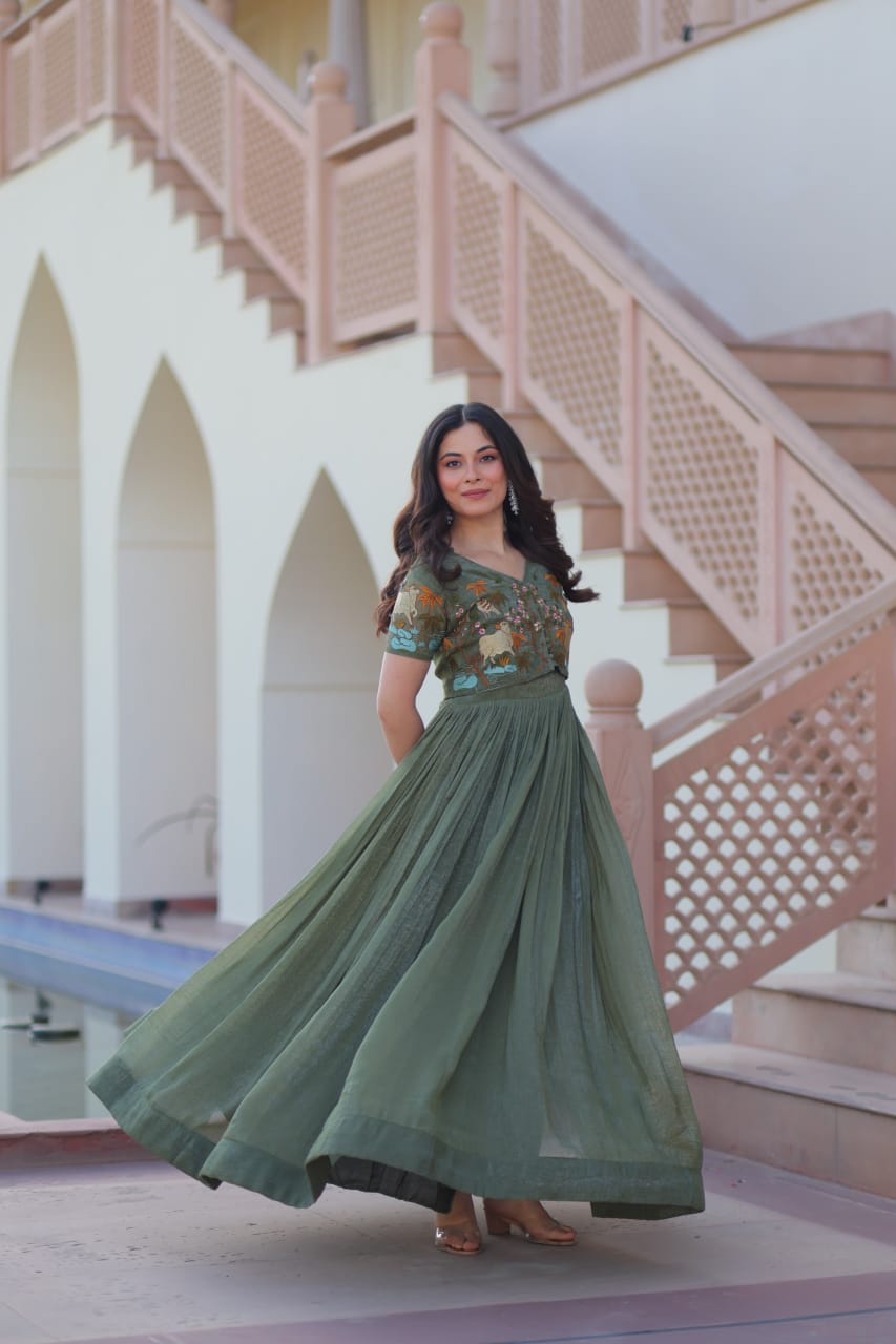 Designer Wedding & Festive Wear Silver Crunchy Embroidery Work Gown With Koti