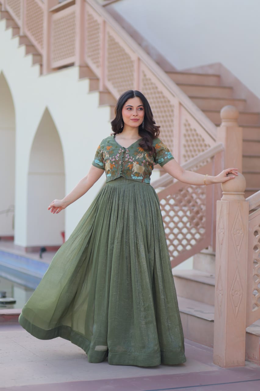 Designer Wedding & Festive Wear Silver Crunchy Embroidery Work Gown With Koti