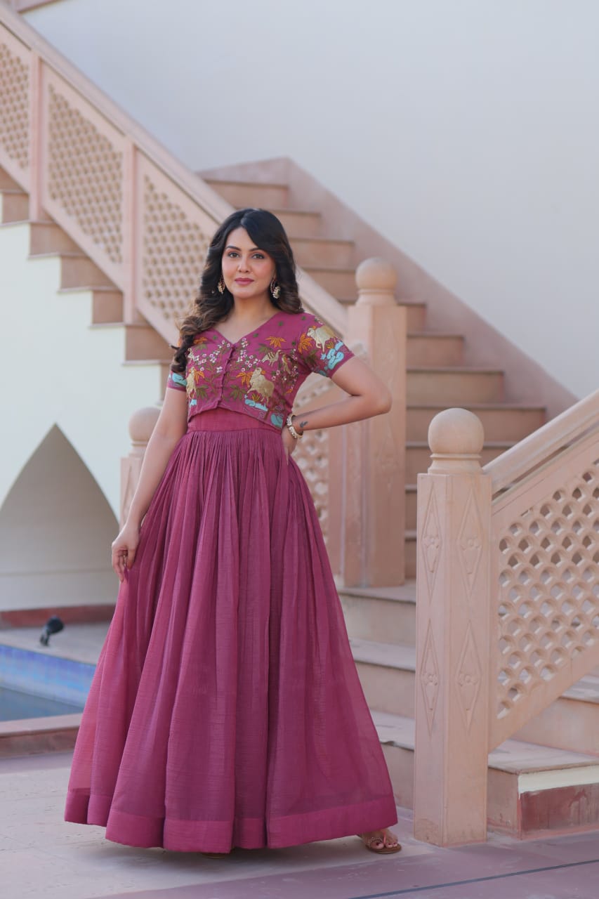 Designer Wedding & Festive Wear Silver Crunchy Embroidery Work Gown With Koti
