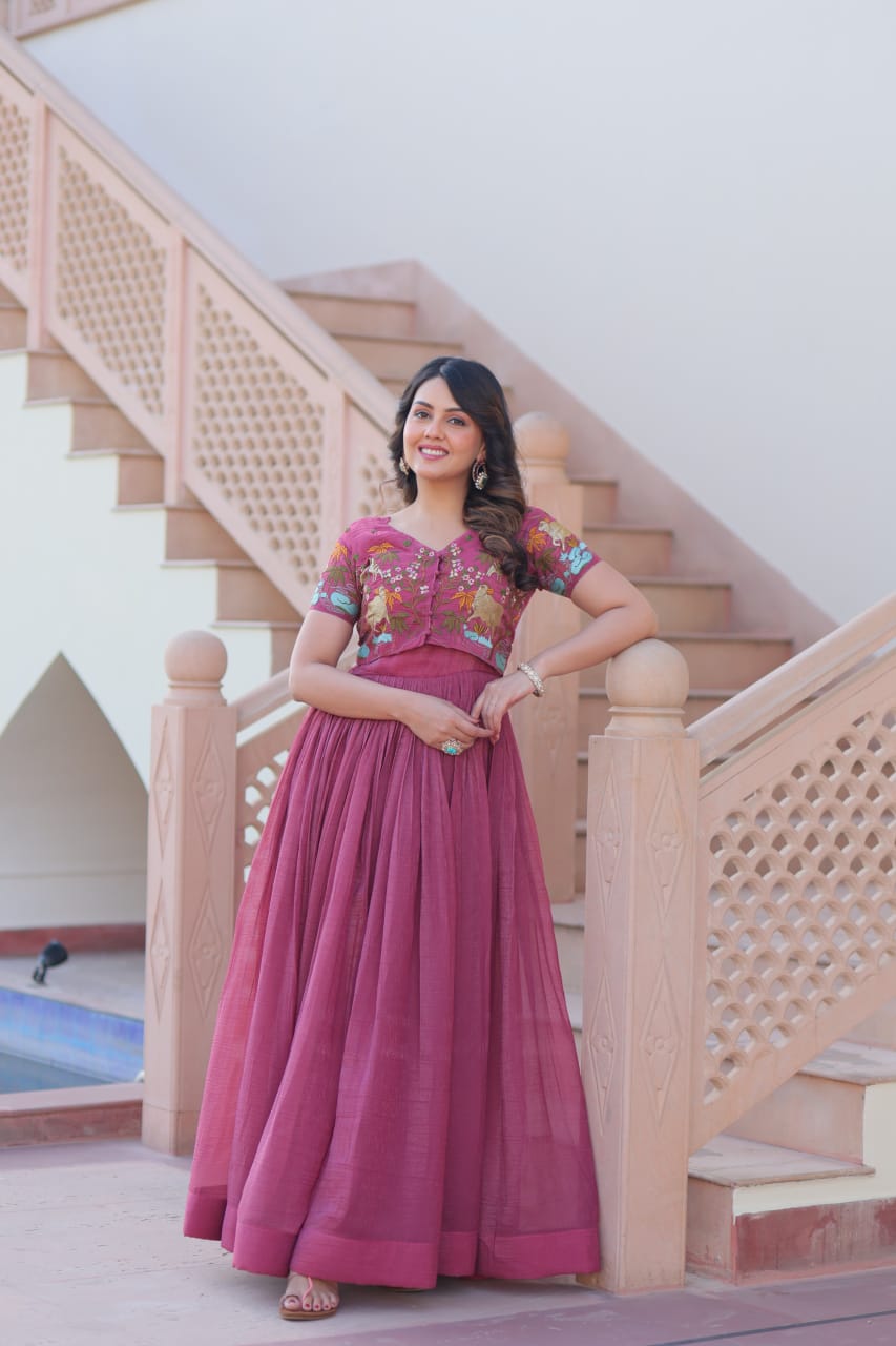 Designer Wedding & Festive Wear Silver Crunchy Embroidery Work Gown With Koti