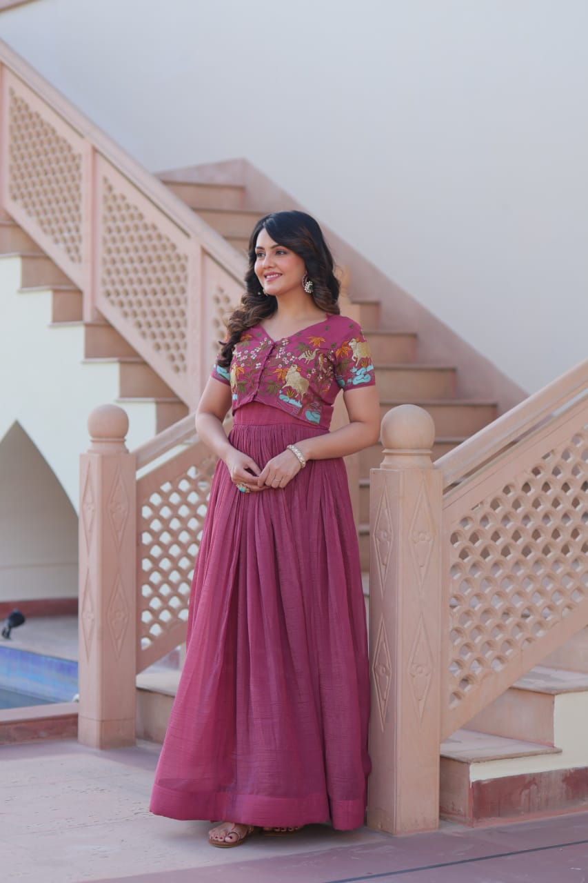 Designer Wedding & Festive Wear Silver Crunchy Embroidery Work Gown With Koti